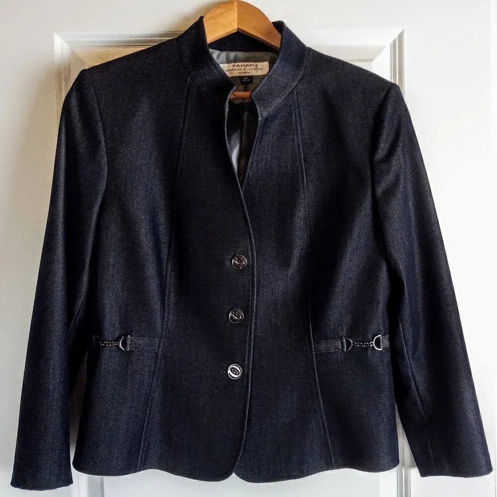 Tahari Charcoal Grey Denim Gunmetal Chain Accent Jacket